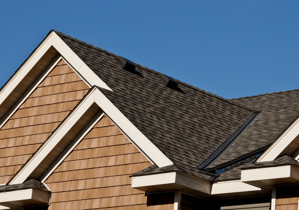 Detail of a newly installed shingle roof by pd home exteriors showing the roof line, and attic ventilation details with blue sky behind it